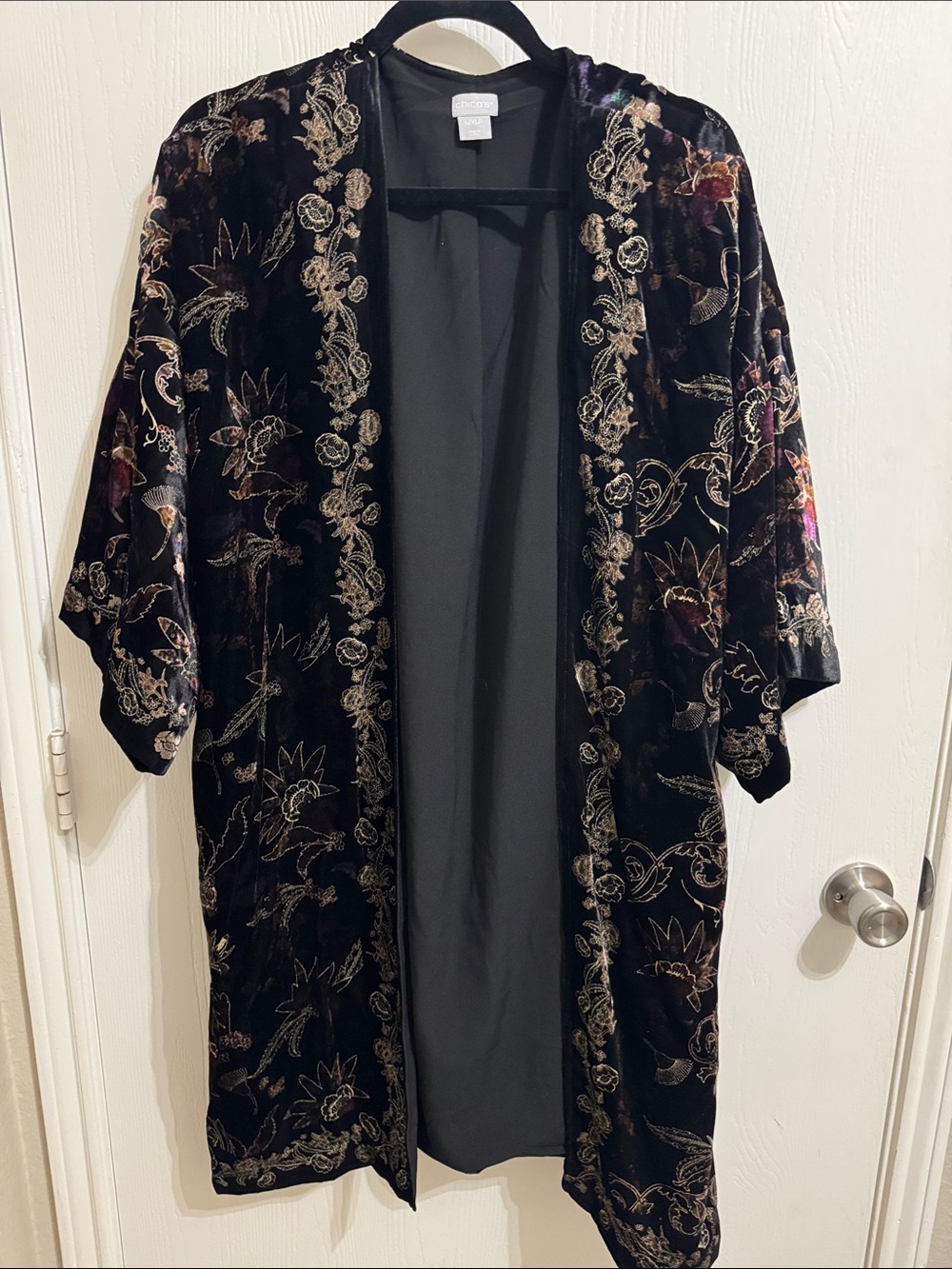 Chico’s Travelers Velvet Printed Kimono Open Front Intricate Floral Motif L/XLP
